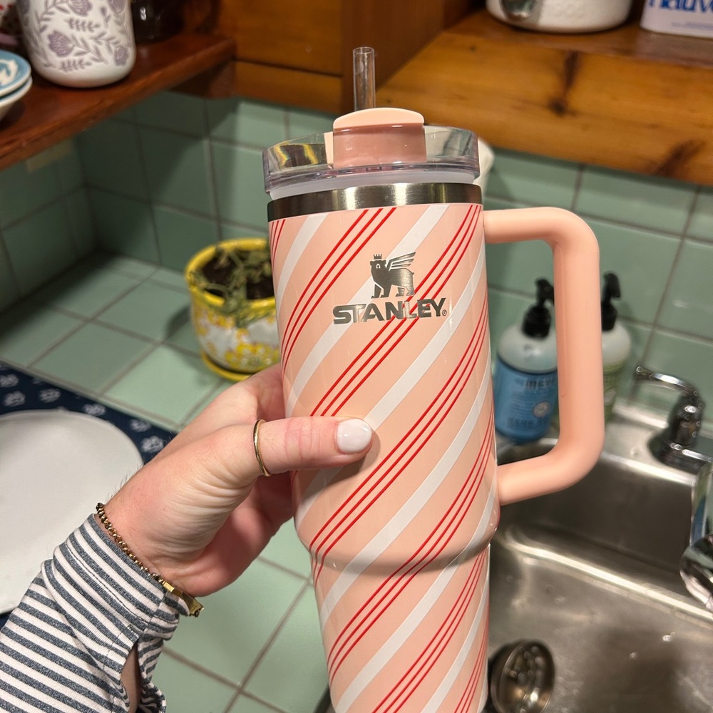 Stanley Pink and Cream Striped Tumbler with Handle
